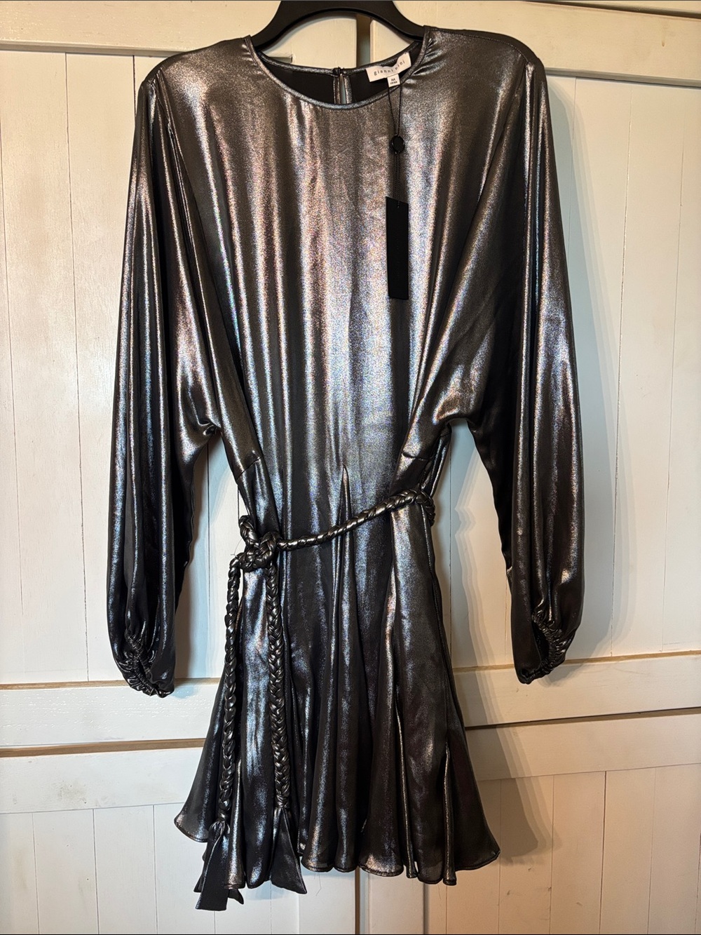 Gianni Bini Metallic Gunmetal Long-Sleeve Midi Dress